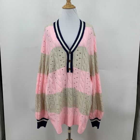Torrid Sweater Womens Plus 2 Pink Striped Vegan Cashmere Pullover V Neck Henley - Picture 2 of 16